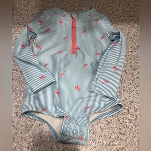 Carter's Blue Stripe One-Piece Swim with Pink Flamingos